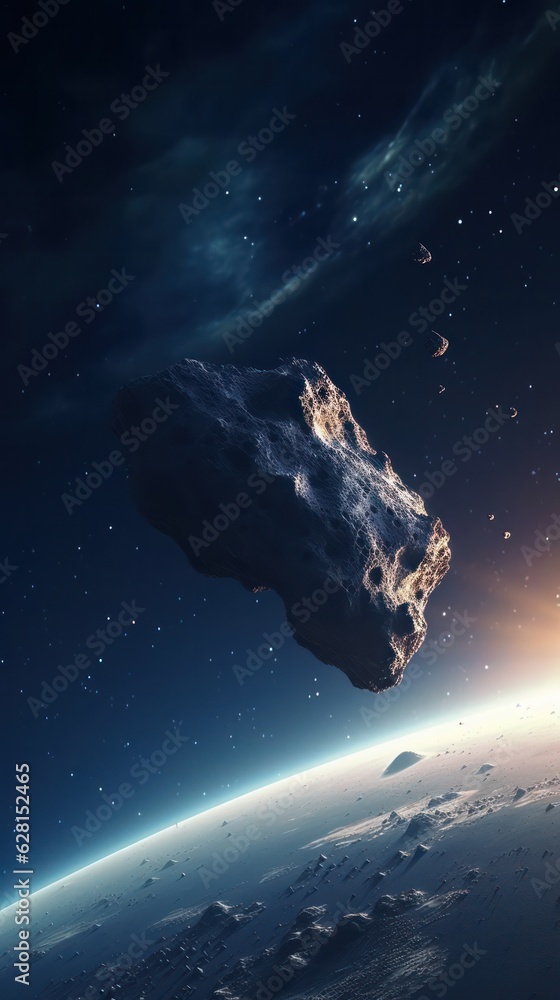 Poster asteroids traverse deep space, grazing desert planets with celestial sparks in the cosmos.