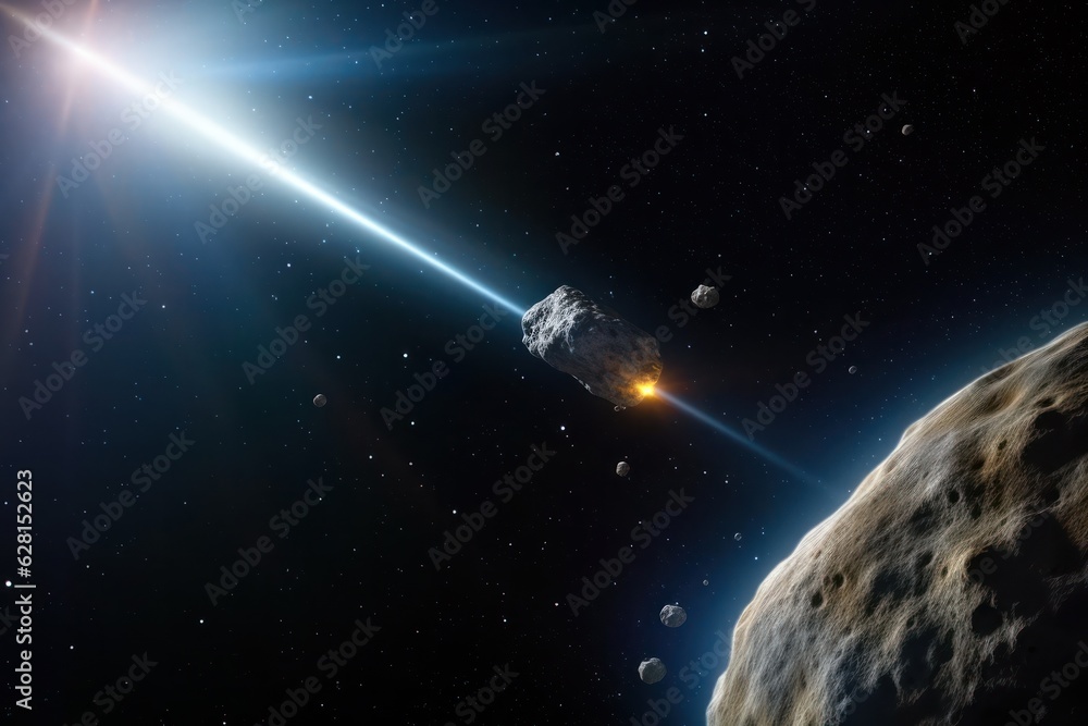 Aufkleber destroying asteroid rock with laser ray in deep dark space powerful futuristic weapon in cosmos