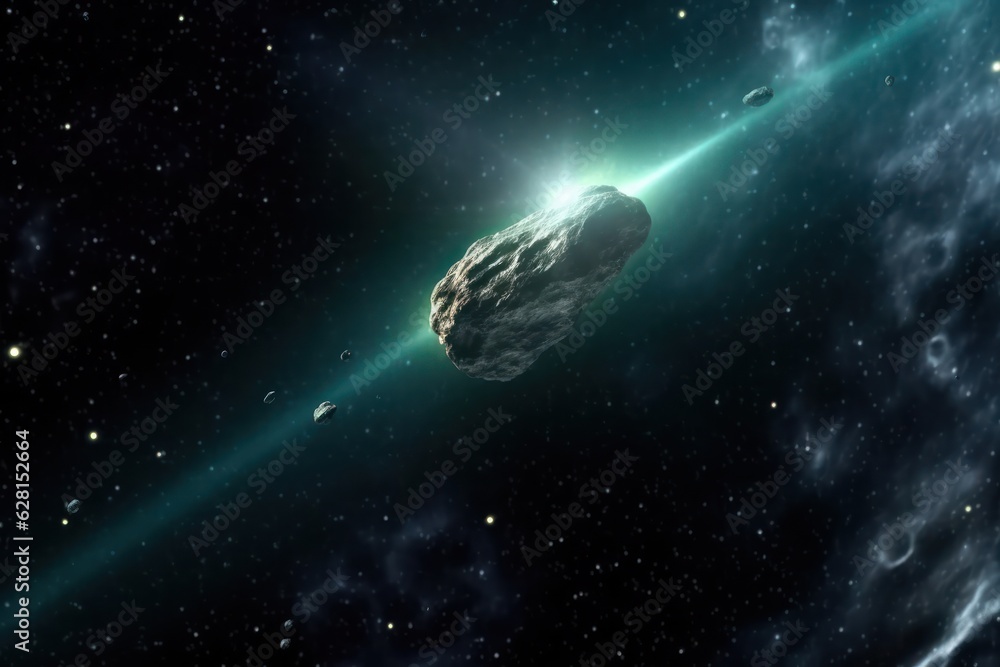 Poster Asteroids and green light beam in deep dark space irregular shape meteorite against nebula