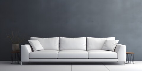 Beautiful modern white sofa in the interior against a gray wall