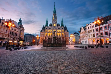 Fotobehang Liberec, Czech Republic. Cityscape image of downtown Liberec, Czech Republic with Liberec Town Hall and Fountain of Neptun at summer sunset. © rudi1976
