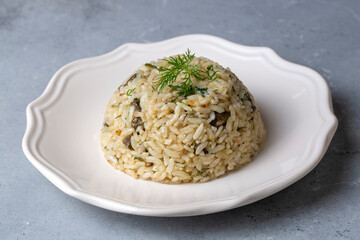Traditional delicious Turkish food; rice pilaf with pine nuts and currants (Turkish name; ic pilav or pilaf)