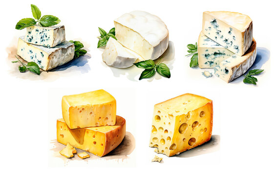 Set of drawn cheeses. Watercolor, yellow cheese with holes. Chees Feta. Gorgonzola cheese, blue cheese. Isolated on a white background. KI.