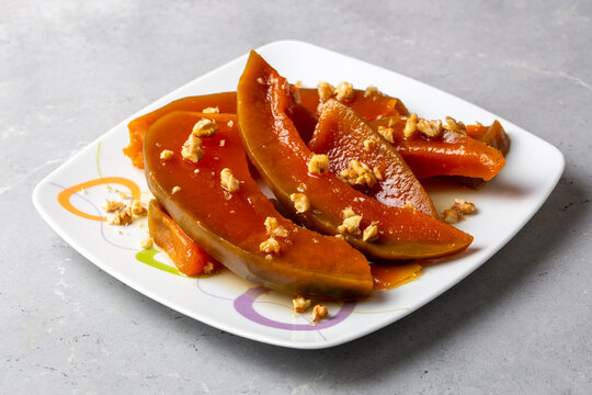 Traditional delicious Turkish cuisine; Pumpkin dessert or jam (Turkish name; Kirecte kabak receli or kabak tatlisi)