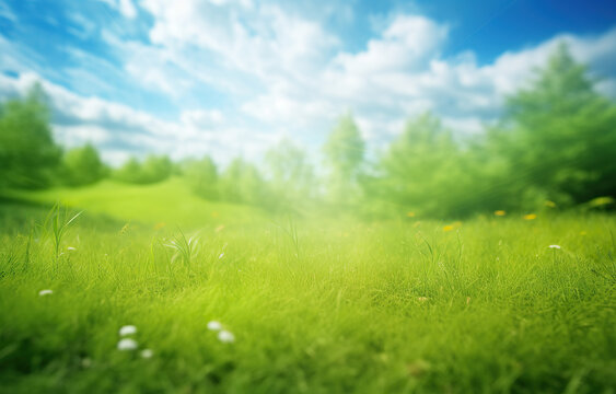 photo of green grass in spring, in the style of blurred landscapes, shaped canvas, tranquil gardenscapes