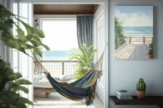 A painting of a hammock in a room with a view of the ocean and balcony plants. Generative AI