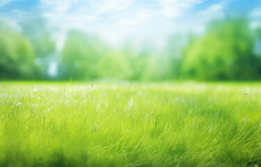 Obraz na płótnie Canvas photo of green grass in spring, in the style of blurred landscapes, shaped canvas, tranquil gardenscapes, light-filled, vibrant stage backdrops, contest winner, light sky-blue