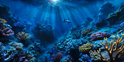 Undewater world landscape, reef, sea bottom with corals and seaweeds - obrazy, fototapety, plakaty