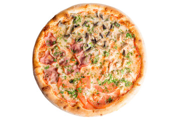 Pizza with salami, ham, sausage, mushrooms and tomato sauce. Pizza four seasons. View from above - 628153831