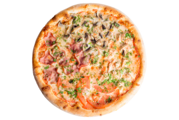 Pizza with salami, ham, sausage, mushrooms and tomato sauce. Pizza four seasons. View from above