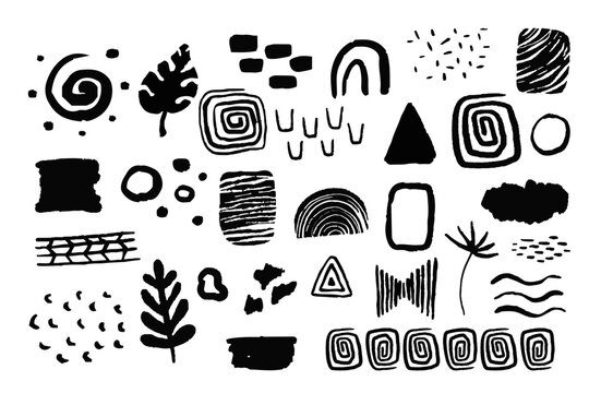 Set african tribal ethnic shapes elements in doodle style isoated on white background. Brush ornaments native sign.