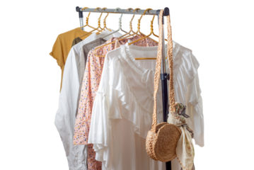 Second-hand clothes  on the rail. The concept of sustainable economic life. Sale of clothes. Summer women's clothing on the swap. Clothing store