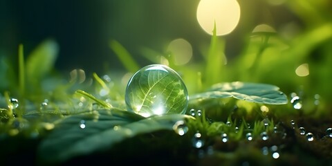 Beautiful water drops sparkle in sun on leaf in sunlight, macro. Big droplet of morning dew outdoor, beautiful round bokeh. Amazing artistic image of purity of nature