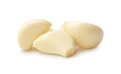 Peeled garlic cloves in stack isolated on white background with clipping path