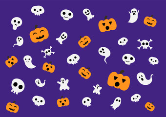 Obraz premium Happy Halloween concept. Cute white ghost characters with pumpkin cartoon on purple background for cards, banners, and web. Spooky expression.