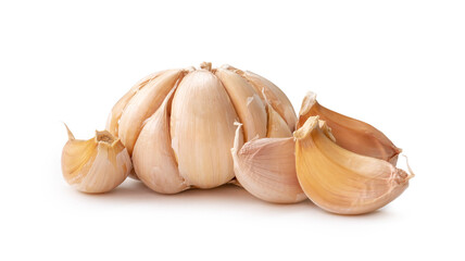 Single fresh white garlic bulb with segments isolated on white background with clipping path and shadow in png file format Thai herb great for healing several severe diseases, heart attack