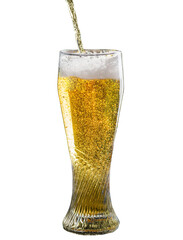 Light beer is poured from a bottle into a glass