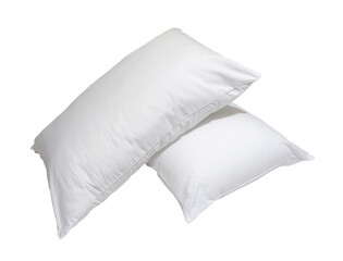 White pillows in stack in hotel or resort room isolated on white background with clipping path. Concept of confortable and happy sleep in daily life