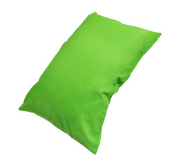Green pillow at hotel or resort room isolated on white background with clipping path in png file format Concept of confortable and happy sleep in daily life