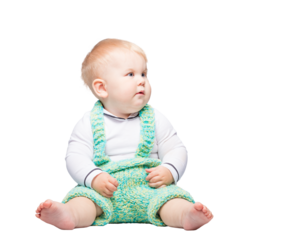 Cute child, a boy sitting and looking at copy space. Isolated on transparent white background