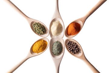 Spoons with spices, herbs and seasonings isolated on transparent white background