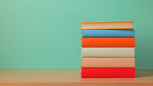 Back to school background. Book stack on the desk. Stop motion