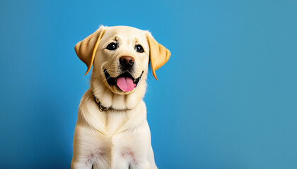 Labrador Retriever dog on blue wall background with copy space