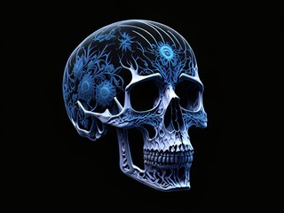 Una vista lateral detallada de un cráneo, iluminado por un misterioso sistema binario en su interior