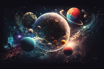 Colorful abstract space background with planets. Generative AI