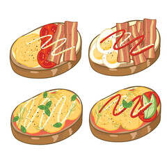 Set of delicious Open sandwich, filled with vegetables, meat, bacon. Vector in cartoon style