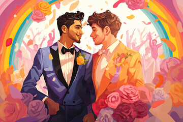 Stylish gay couple in suits hugging with rainbow, flowers and silhouettes of people in the background.