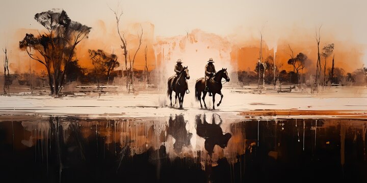 AI Generated. AI Generative. Western cowboy desert horse countryside landscape background. Adventure desert mountain scene ink draw paint sketch on canvas.