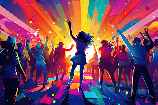 Bright multicolored illustration of a nightclub party with dancing people on the dance floor.
