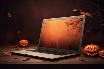 Notebook with jack pumpkins and falling yellow leaves on a dark autumn background. Poster concept for Halloween Electronics Sale.