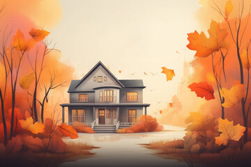 Autumn theme with a large wooden house in the garden among yellowed trees.