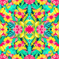 Seamless pattern with abstract flowers. Vector illustration. Colorful floral background.