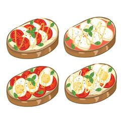 Set of delicious Open sandwich, filled with vegetables, meat, bacon. Vector in cartoon style