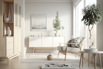 Minimal Nordic room with white furniture and wooden cabinet. 3D visualization. Generative AI