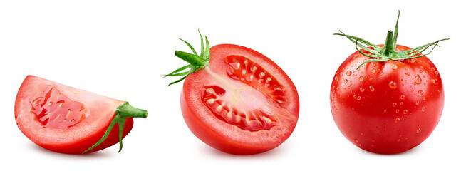 Tomato whole, cut, halves, slice on white. Tomato set isolated. Tomato with clipping path