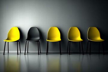 A line of chairs with one bright yellow chair. Suggests hiring/recruiting in a business setting. Generative AI - obrazy, fototapety, plakaty
