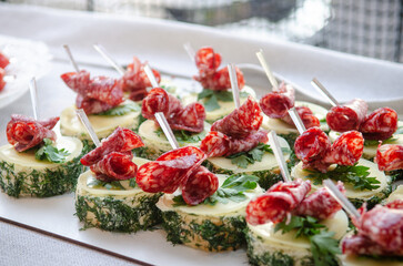 Catering in the evening, small sausage and cheese sandwiches on plates in the sunlight