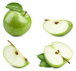 Fresh green apple whole and cut in half with leaf isolated on white background. Clipping Path. Full depth of field.
