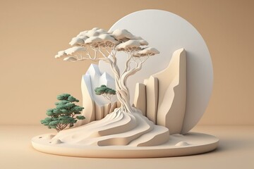 Futuristic white stone podium with product pedestal and conifer bonsai tree on sandy background. 3D illustration. Generative AI