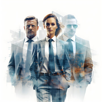 Double Exposure Three People In Business Suits White Background