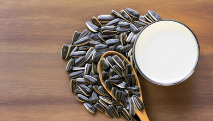 Sunflower seed milk milk and seed on the wood table, shoot from above, copy spcae