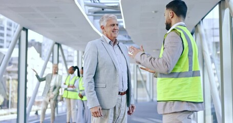 Businessman, architect or handshake for partnership, deal or agreement in construction in building. Mature CEO shaking hands with contractor or engineer for b2b, hiring or architecture recruitment