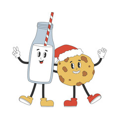 Cute milk bottle and cookie characters in y2k groovy style. Cartoon characters in trendy retro style for Christmas design 
