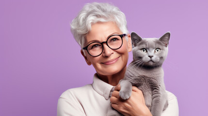 Senior woman holds a kitten in her arms on purple background.