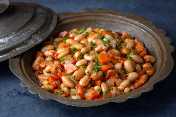 Traditional delicious Turkish food; Kidney beans with olive oil, Red kidney bean stew, Turkish name; Barbunya pilaki