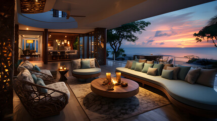 Luxurious villa with floor to ceiling windows offering breathtaking views of the ocean - obrazy, fototapety, plakaty